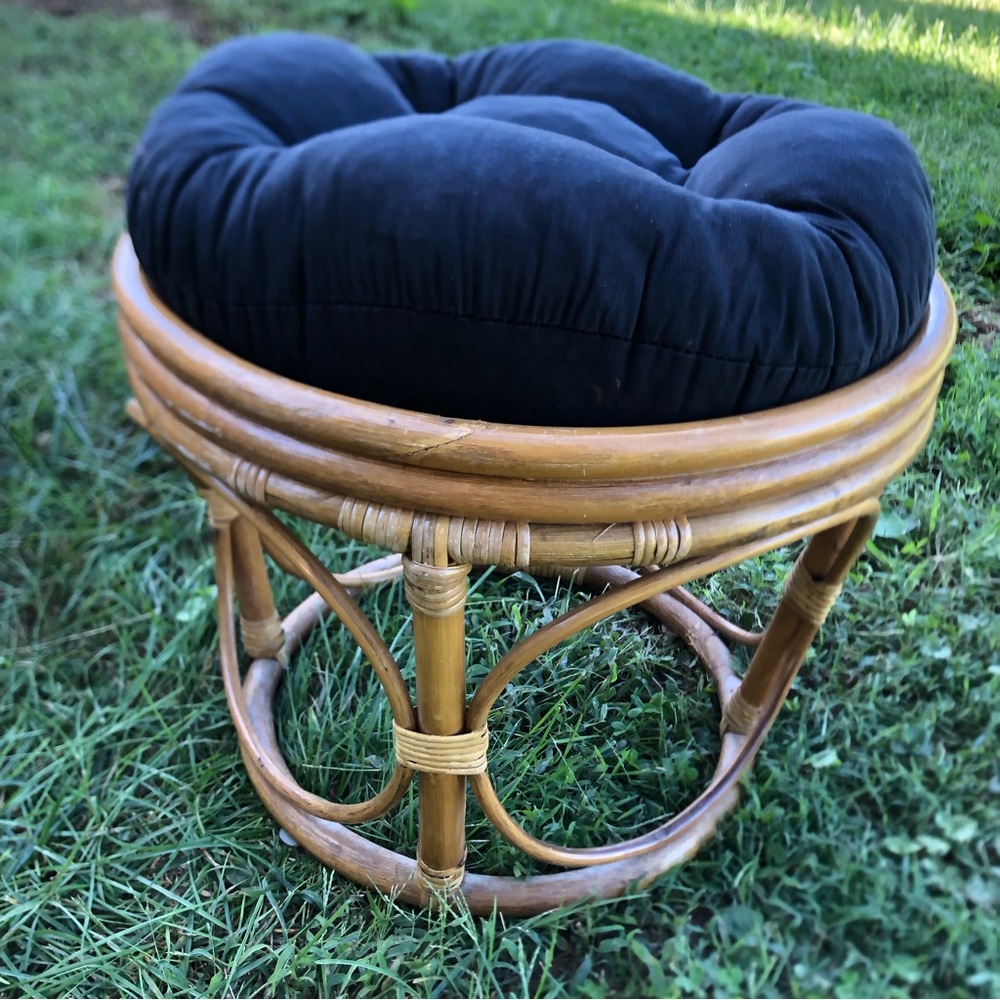 Vintage Rattan Bamboo Footstool with Cushion